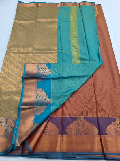 Blue And Maroon Kanchipuram Pure Silk Saree With Floral Buta – Kanchipuram Lakshaya Silks