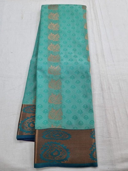 Teal And Blue Kanchipuram Pure Silk Saree With Floral Buta – Kanchipuram Lakshaya Silks