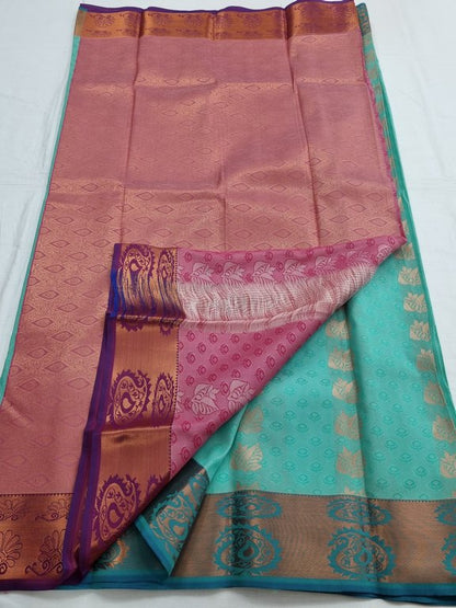 Teal And Blue Kanchipuram Pure Silk Saree With Floral Buta – Kanchipuram Lakshaya Silks