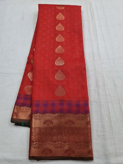 Red And Red Kanchipuram Pure Silk Saree With Patterned Border – Kanchipuram Lakshaya Silks