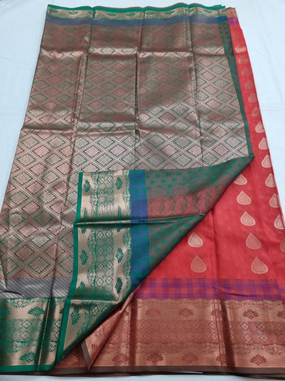 Red And Red Kanchipuram Pure Silk Saree With Patterned Border – Kanchipuram Lakshaya Silks