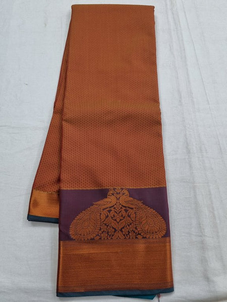 Orange And Dark blue Kanchipuram Pure Silk Saree With Floral Buta