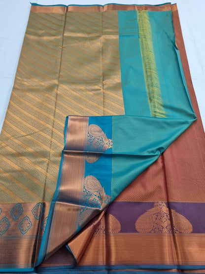 Orange And Dark blue Kanchipuram Pure Silk Saree With Floral Buta – Kanchipuram Lakshaya Silks
