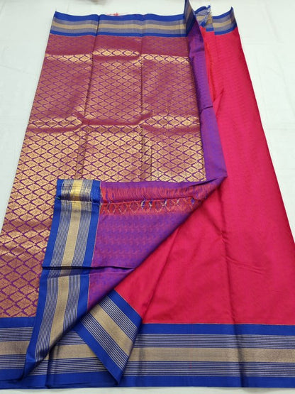 Blue And Red Kanchipuram Pure Silk Saree With Temple Border – Kanchipuram Lakshaya Silks