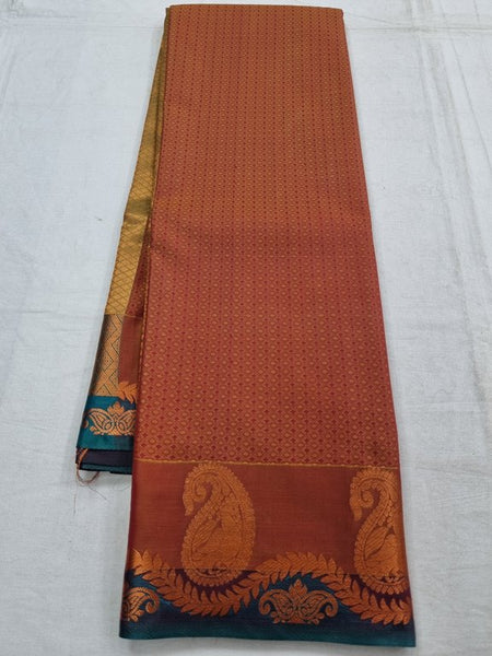 Maroon And Mustard Kanchipuram Pure Silk Saree With Temple Border