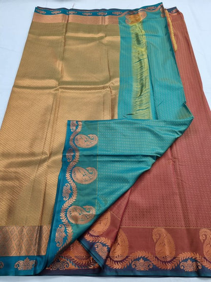 Maroon And Mustard Kanchipuram Pure Silk Saree With Temple Border – Kanchipuram Lakshaya Silks