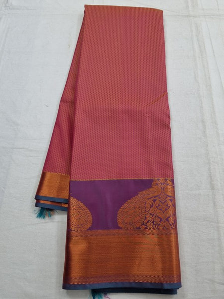 Pink And Red Kanchipuram Pure Silk Saree With Temple Border
