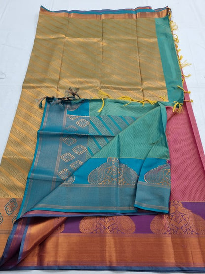 Pink And Red Kanchipuram Pure Silk Saree With Temple Border – Kanchipuram Lakshaya Silks