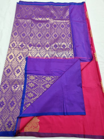 Red And Cream Kanchipuram Pure Silk Saree With Floral Motif – Kanchipuram Lakshaya Silks