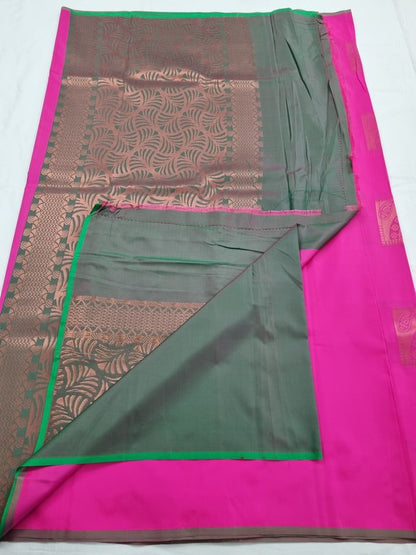 Pink And Pink Kanchipuram Pure Silk Saree With Leaf Motif – Kanchipuram Lakshaya Silks