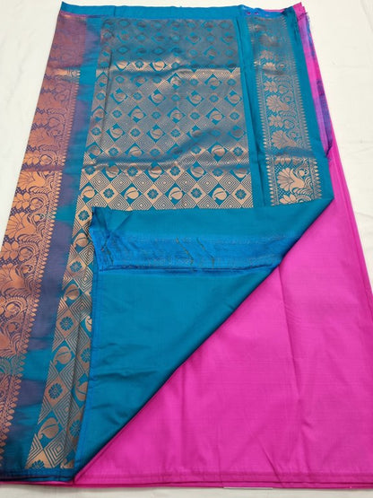Pink And Red Kanchipuram Pure Silk Saree With Floral Buta – Kanchipuram Lakshaya Silks