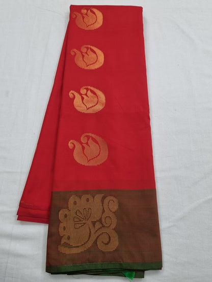 Red And Cream Kanchipuram Pure Silk Saree With Leaf Motif – Kanchipuram Lakshaya Silks