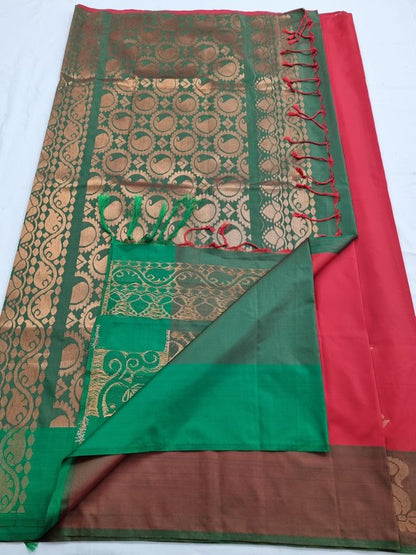 Red And Cream Kanchipuram Pure Silk Saree With Leaf Motif – Kanchipuram Lakshaya Silks