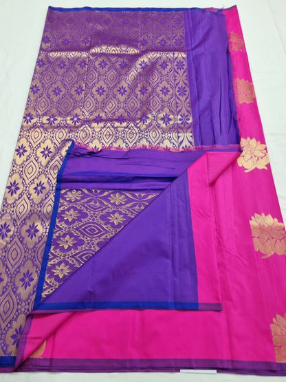 Pink And Gold Kanchipuram Pure Silk Saree With Leaf Motif – Kanchipuram Lakshaya Silks