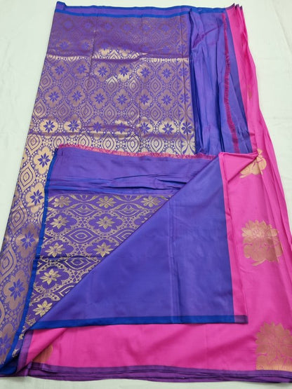 Pink And Cream Kanchipuram Pure Silk Saree With Woven Border – Kanchipuram Lakshaya Silks