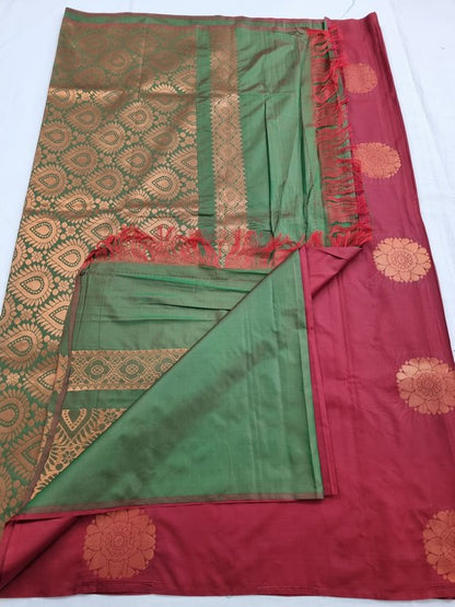 Red And Red Kanchipuram Pure Silk Saree With Floral Pattern – Kanchipuram Lakshaya Silks