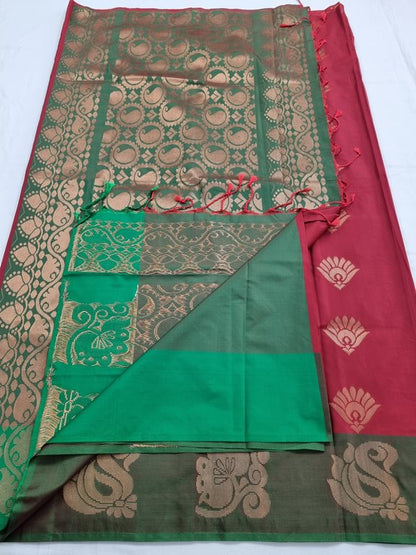 Green And Maroon Kanchipuram Pure Silk Saree With Floral Buta – Kanchipuram Lakshaya Silks