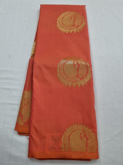 Orange And Red Kanchipuram Pure Silk Saree With Temple Border 304 – Kanchipuram Lakshaya Silks