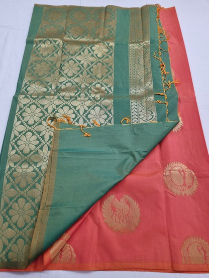 Orange And Red Kanchipuram Pure Silk Saree With Temple Border 304 – Kanchipuram Lakshaya Silks