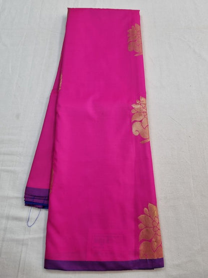 Pink And Gold Kanchipuram Pure Silk Saree With Floral Border – Kanchipuram Lakshaya Silks