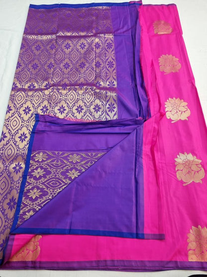 Pink And Gold Kanchipuram Pure Silk Saree With Floral Border – Kanchipuram Lakshaya Silks