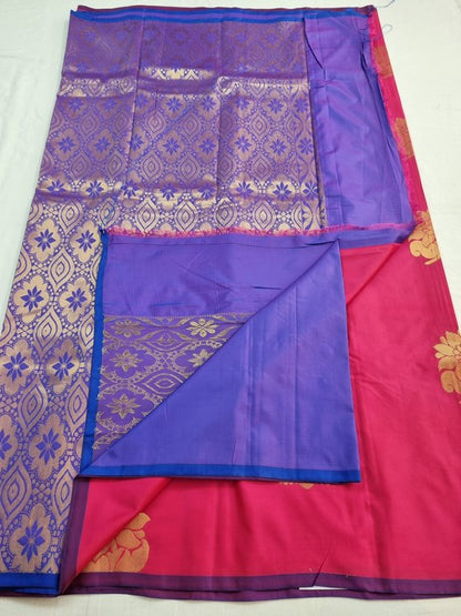 Pink And Yellow Kanchipuram Pure Silk Saree With Floral Pattern – Kanchipuram Lakshaya Silks