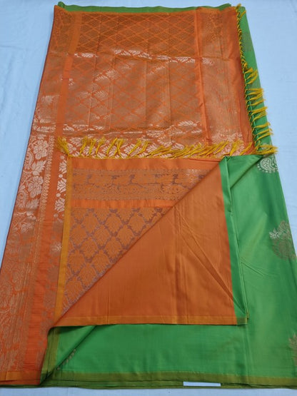 Light blue And Green Kanchipuram Pure Silk Saree With Gold Embroidery On Border – Kanchipuram Lakshaya Silks