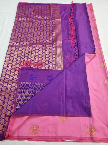Pink And White Kanchipuram Pure Silk Saree With Patterned Border – Kanchipuram Lakshaya Silks