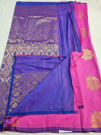 Pink And Pink Kanchipuram Pure Silk Saree With Floral Buta – Kanchipuram Lakshaya Silks