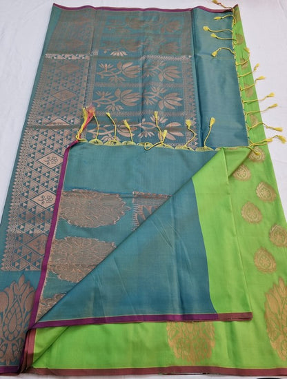 Yellow And Green Kanchipuram Pure Silk Saree With Traditional Motif – Kanchipuram Lakshaya Silks