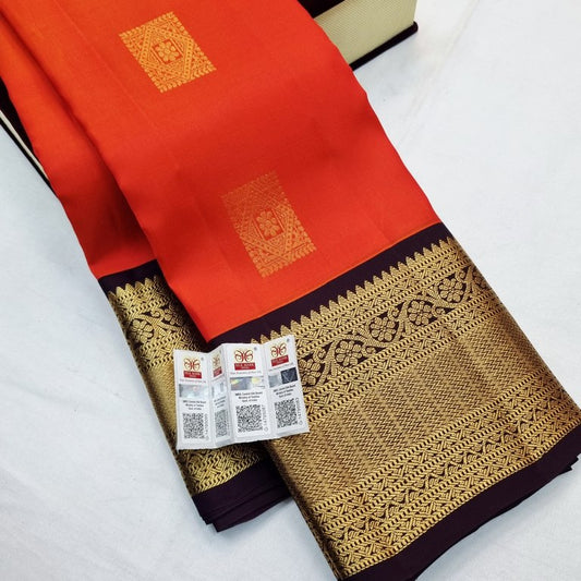 Premium Pure Silk Saree - Radiant Coral Red With Royal Navy Zari Grandeur 052