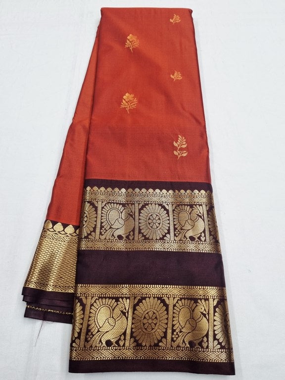 Rust Orange peacock Design Gap Border Semi Silk Sarees 003