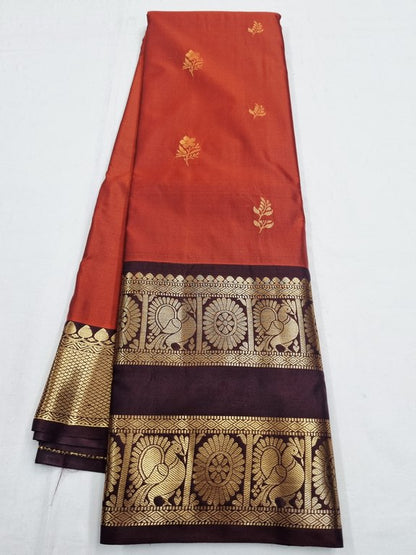 Rust Orange Peacock Design Gap Border Semi Silk Saree – pallu and border detail – Kanchipuram Lakshaya Silks
