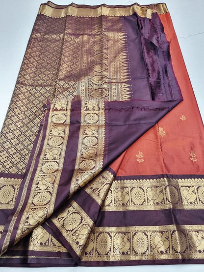 Rust Orange Peacock Design Gap Border Semi Silk Saree – folded display – Kanchipuram Lakshaya Silks