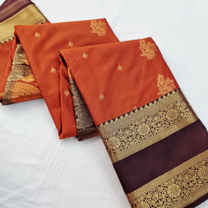 Trending Rust Orange Silk Saree 193 – full drape view – Kanchipuram Lakshaya Silks
