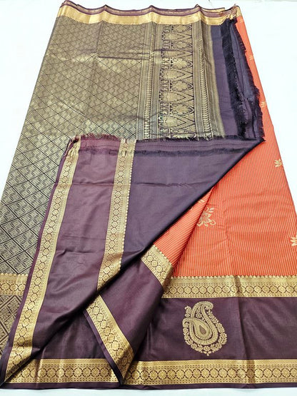 Kanchi Blended Rust Orange Vaira Oosi Silk Sarees 256 – Kanchipuram Lakshaya Silks