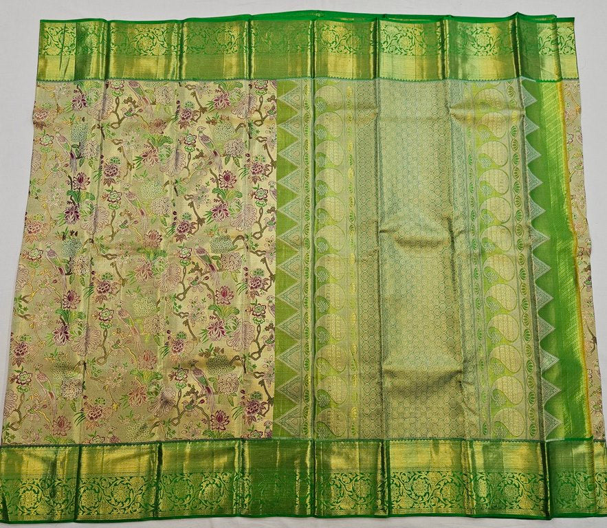 Cream with Leaf Green Kanchipuram Handloom Tissue Silksarees 004