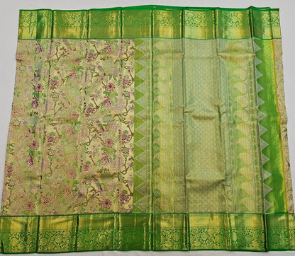 Cream with Leaf Green Kanchipuram Handloom Tissue Silksarees 004