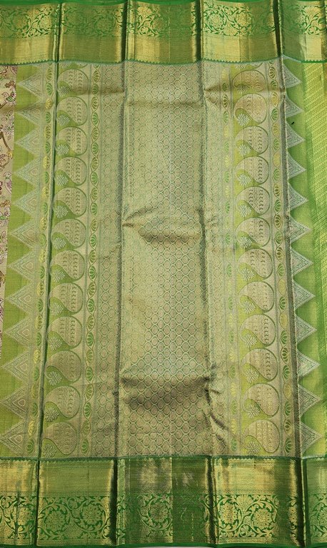 Cream with Leaf Green Kanchipuram Handloom Tissue Silksarees 004