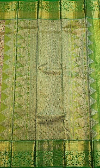 Cream with Leaf Green Kanchipuram Handloom Tissue Silksarees 004