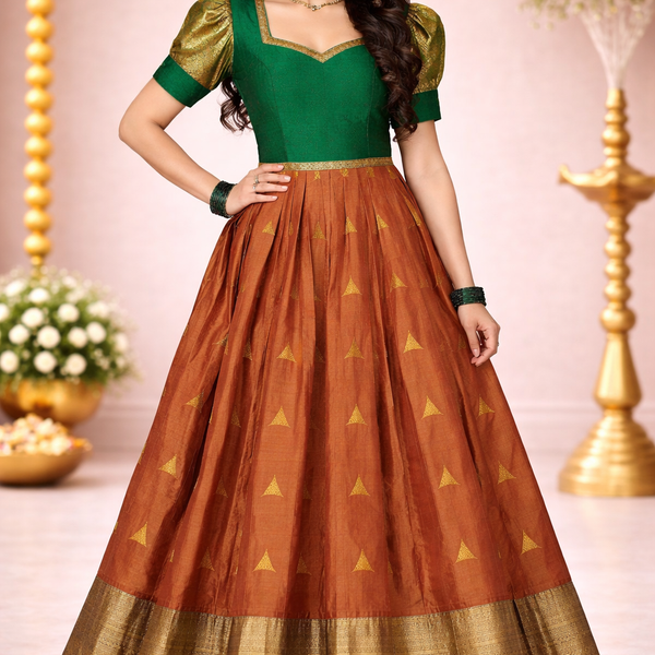 Kanchipuram Pure Silk Lehenga Choli in Rust Orange with Green Blouse and Gold Triangle Motifs (Size 36-40)