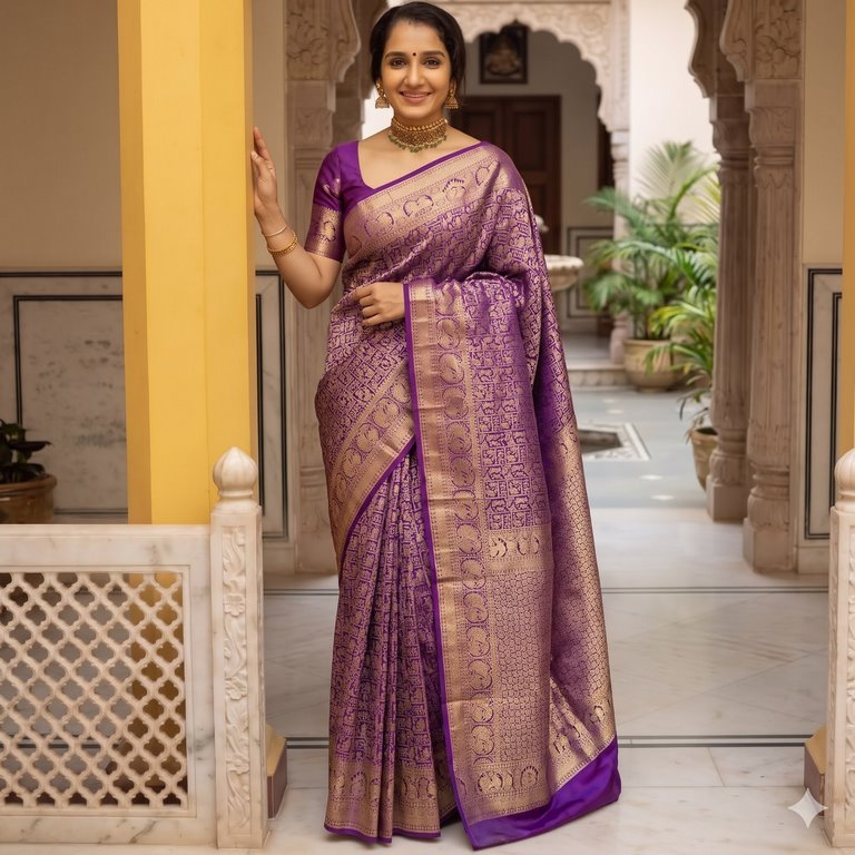 Elegant Dual shade Purple Kanchipuram Handloom Bridal Pure Silk Saree 008