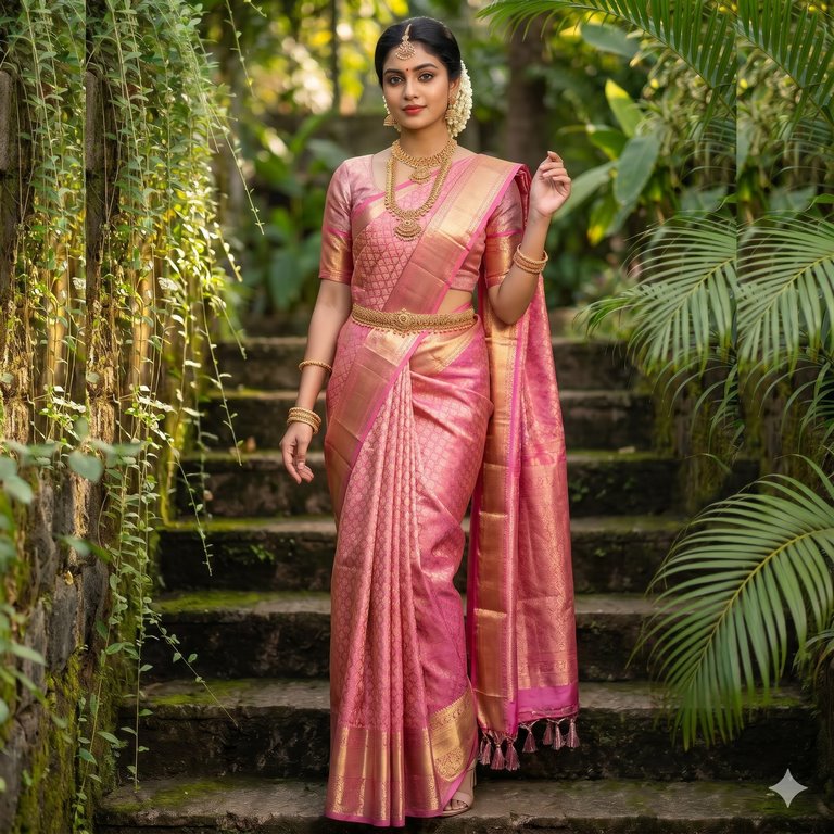 Elegant Rose Pink Kanchipuram Handloom Bridal Pure Silk Saree 001