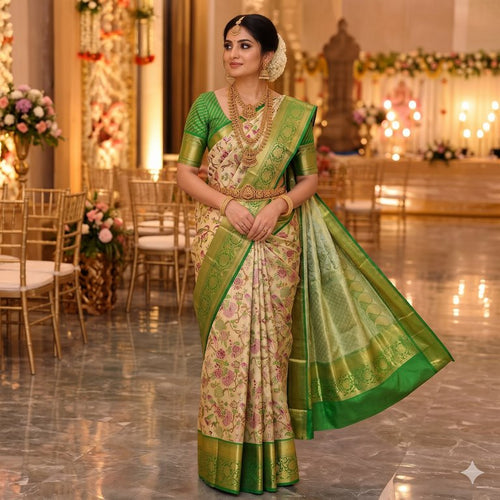 Cream with Leaf Green Kanchipuram Handloom Tissue Silksarees 004