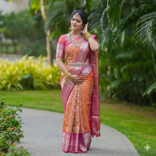 Rusty Orange And Pink Kanchipuram Pure Handloom Tissue Silk Saree 003