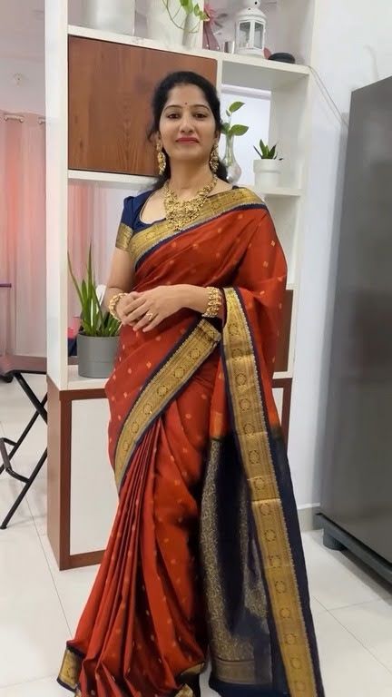 Premium Pure Silk Saree - Rust Orange And Navy Blue (023)