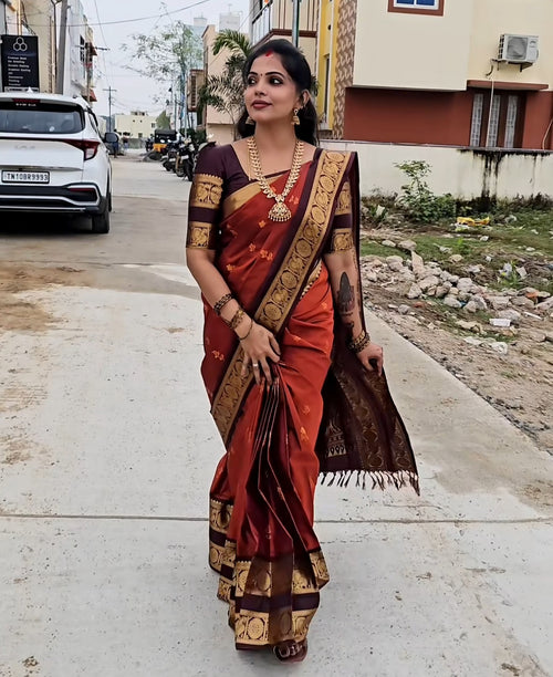 Rust Orange peacock Design Gap Border Semi Silk Sarees 003 – Kanchipuram Lakshaya Silks
