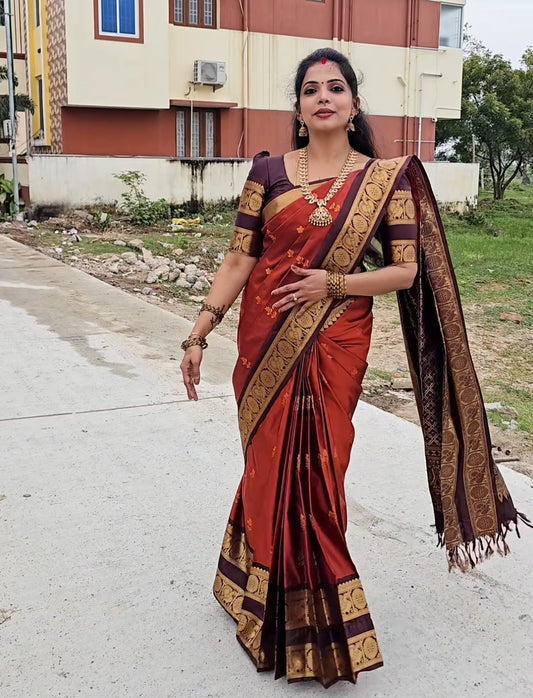 Rust Orange peacock Design Gap Border Semi Silk Sarees 003