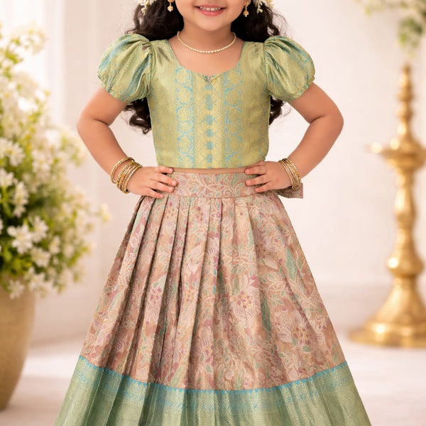 Premium Kids Lehenga Choli – Pure Kanchipuram Tissue Silk | Pastel Green & Peach (Size: 0 - 3 years age)