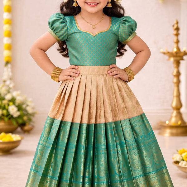 Kids Kanchipuram Tissue Silk Lehenga Choli in Teal Green and Gold with Zari Border (3-4 Years)